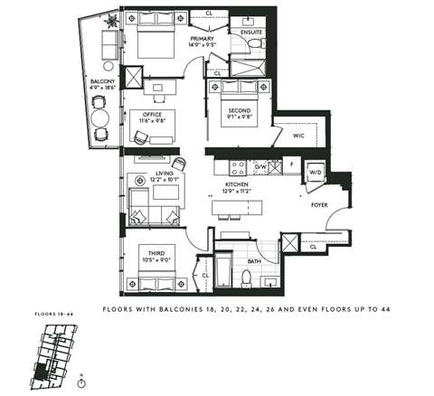 Floor plan for 3 beds, 2 baths, 1097 sqft